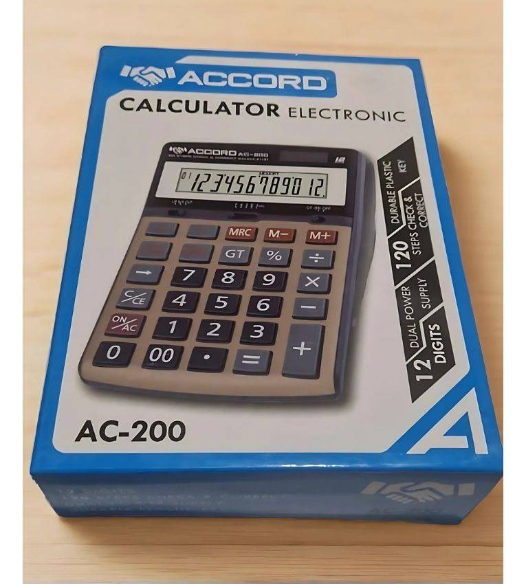 Calculatrice électronique ACCORD AC-200 – Double alimentation,8 chiffres, écran LCD clair, compacte et légère. Vérification et correction sur 120 étapes.